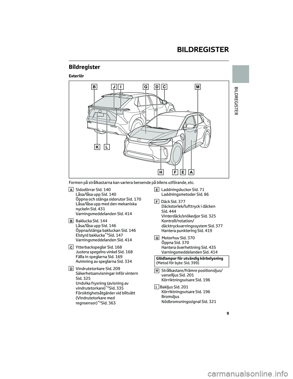 TOYOTA BZ4X 2022  Bruksanvisningar (in Swedish) Bildregister
Exteriör
ASidodörrar Sid. 140
Låsa/låsa upp Sid. 140
Öppna och stänga sidorutor Sid. 170
Låsa/låsa upp med den mekaniska
nyckeln Sid. 431
Varningsmeddelanden Sid. 414
BBaklucka Si