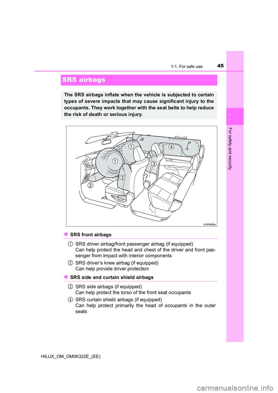 TOYOTA HILUX 2017  Owners Manual (in English) 451-1. For safe use
1
For safety and security
HILUX_OM_OM0K322E_(EE)
SRS airbags
◆SRS front airbags 
SRS driver airbag/front passenger airbag (if equipped) 
Can help protect the head and chest of th