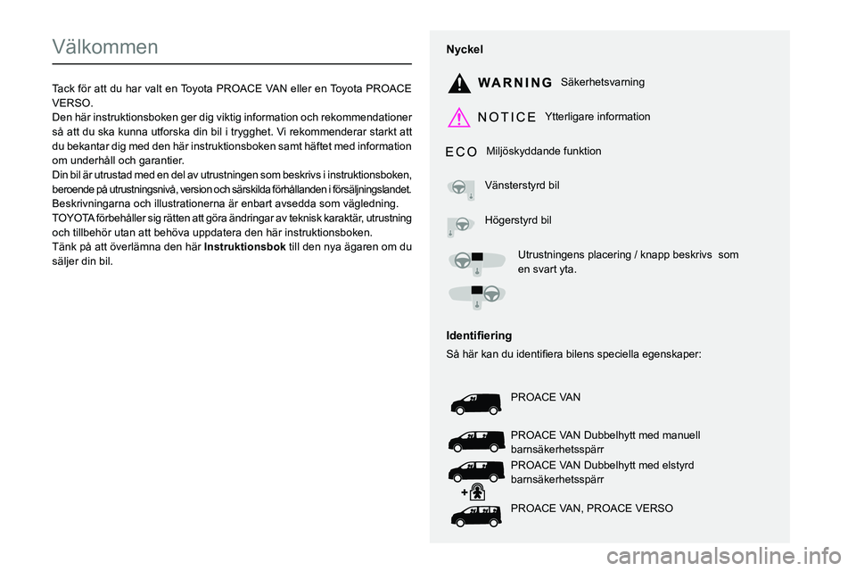 TOYOTA PROACE 2022  Bruksanvisningar (in Swedish)  
  
 
  
 
  
  
  
  
   
   
 
  
   
   
   
Välkommen
Tack för att du har valt en Toyota PROACE VAN eller en Toyota PROACE VERSO.Den här instruktionsboken ger dig viktig information och rekomm