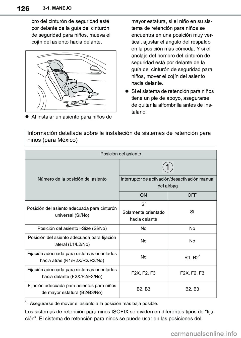TOYOTA SUPRA 2019  Manuale de Empleo (in Spanish) 126
Supra Owners Manual_ES
3-1. MANEJO
bro del cinturón de seguridad esté 
por delante de la guía del cinturón 
de seguridad para niños, mueva el 
cojín del asiento hacia delante.
Al instala