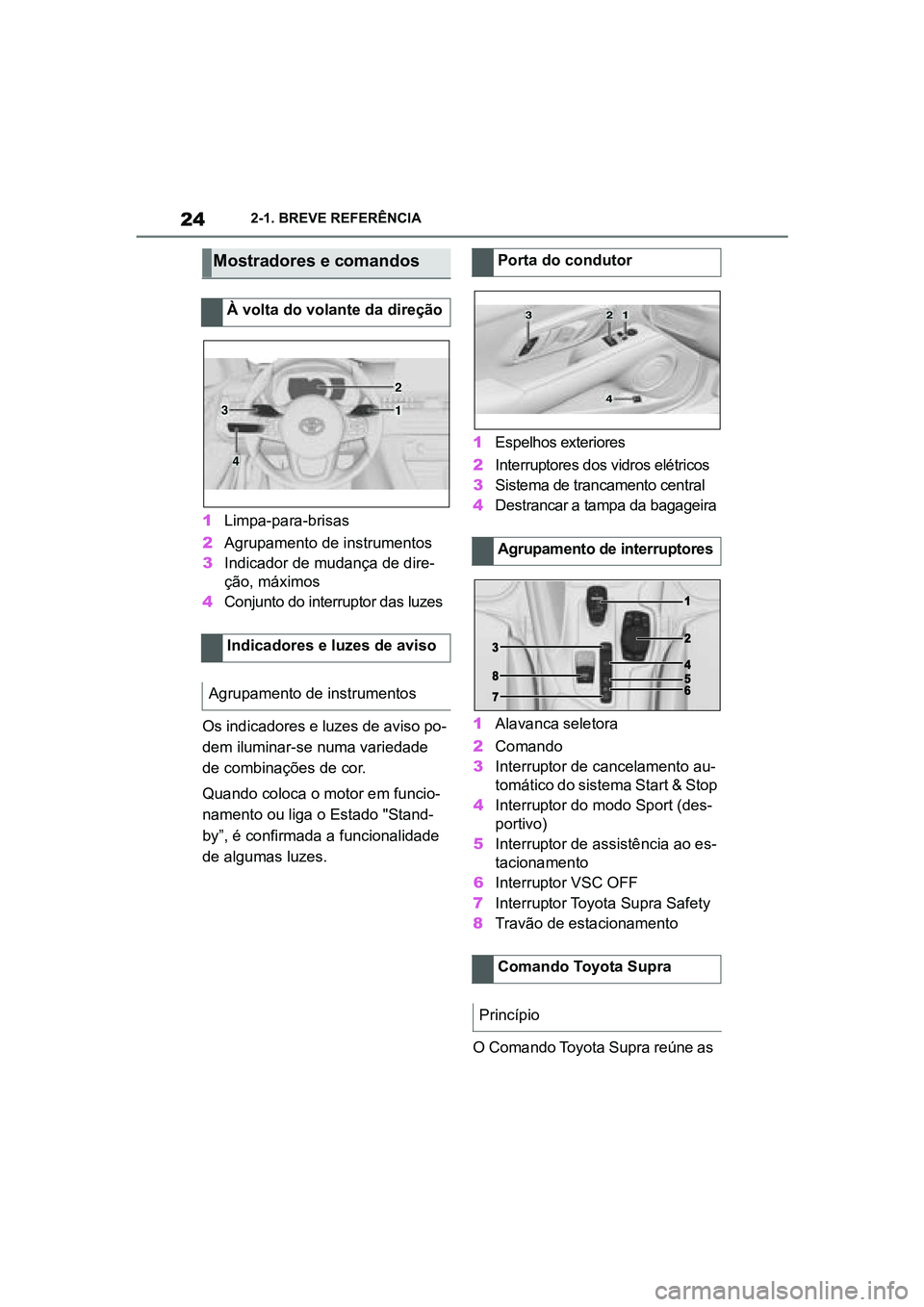 TOYOTA SUPRA 2019  Manual de utilização (in Portuguese) 24
Supra Owner's Manual2-1. BREVE REFERÊNCIA
1
Limpa-para-brisas
2 Agrupamento de instrumentos
3 Indicador de mudança de dire -
ç
 ão, máximos
4 Conjunto do interruptor das luzes
Os indicador