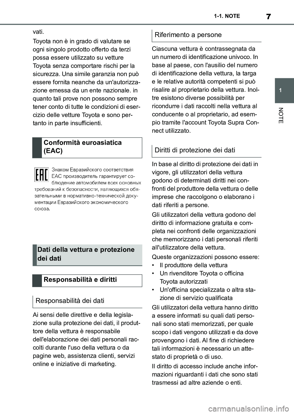 TOYOTA SUPRA 2022  Manuale duso (in Italian) 7
1 1-1. NOTE
NOTE
vati.
Toyota non è in grado di valutare se 
ogni singolo prodotto offerto da terzi 
possa essere utilizzato su vetture 
Toyota senza comportare rischi per la 
sicurezza. Una simile