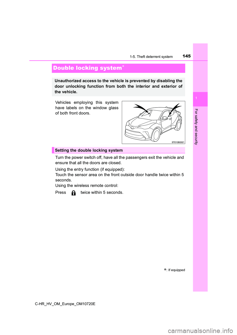 TOYOTA C-HR 2022  Owners Manual 145
1
1-5. Theft deterrent system
For safety and security
C-HR_HV_OM_Europe_OM10720E
Double locking system
Vehicles  employing  this  system 
have  labels  on  the  window  glass 
of both front doo