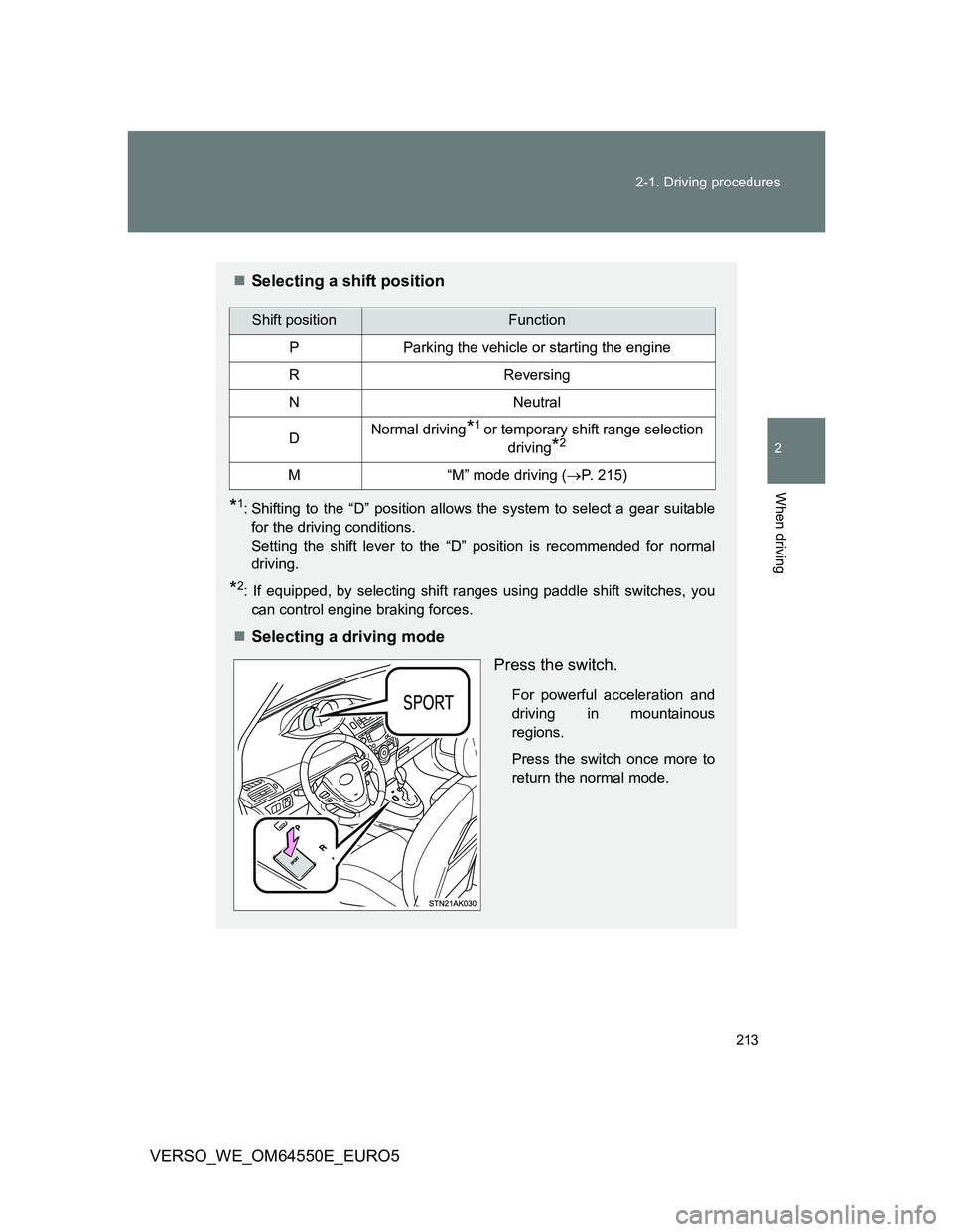 TOYOTA VERSO 2013  Owners Manual 213 2-1. Driving procedures
2
When driving
VERSO_WE_OM64550E_EURO5
Selecting a shift position
*1: Shifting to the “D” position allows the system to select a gear suitable
for the driving condit