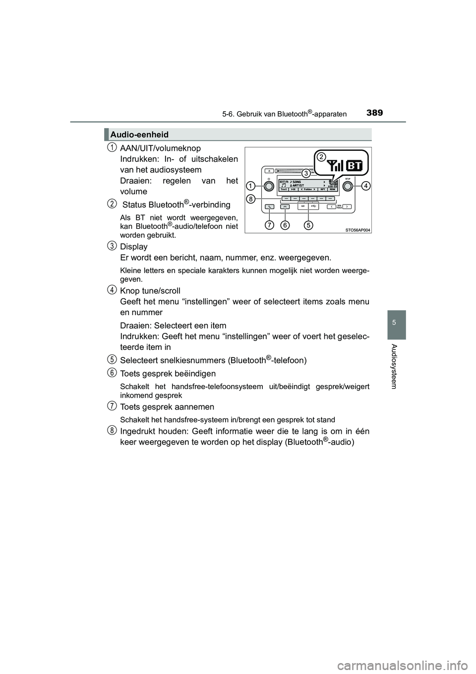 TOYOTA YARIS 2019  Instructieboekje (in Dutch) 3895-6. Gebruik van Bluetooth®-apparaten
5
Audiosysteem
YARIS_HV_OM_Europe_OM52K29E
AAN/UIT/volumeknop
Indrukken:  In-  of  uitschakelen
van het audiosysteem
Draaien:  regelen  van  het
volume
 Statu
