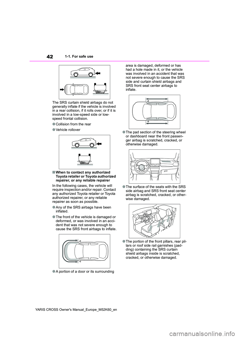 TOYOTA YARIS CROSS 2021  Owners Manual 42
YARIS CROSS Owner's Manual_Europe_M52K60_en
1-1. For safe use 
The SRS curtain shield airbags do not  
generally inflate if the vehicle is involved  in a rear collision, if it rolls over, or if