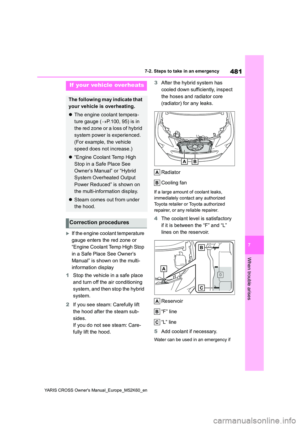 TOYOTA YARIS CROSS 2021  Owners Manual 481
7
YARIS CROSS Owner's Manual_Europe_M52K60_en
7-2. Steps to take in an emergency
When trouble arises
If the engine coolant temperature  
gauge enters the red zone or  
“Engine Coolant Tem