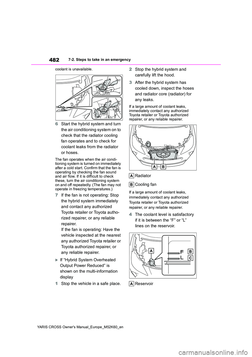 TOYOTA YARIS CROSS 2021  Owners Manual 482
YARIS CROSS Owner's Manual_Europe_M52K60_en
7-2. Steps to take in an emergency 
coolant is unavailable.
6 Start the hybrid system and turn  
the air conditioning system on to  
check that the 