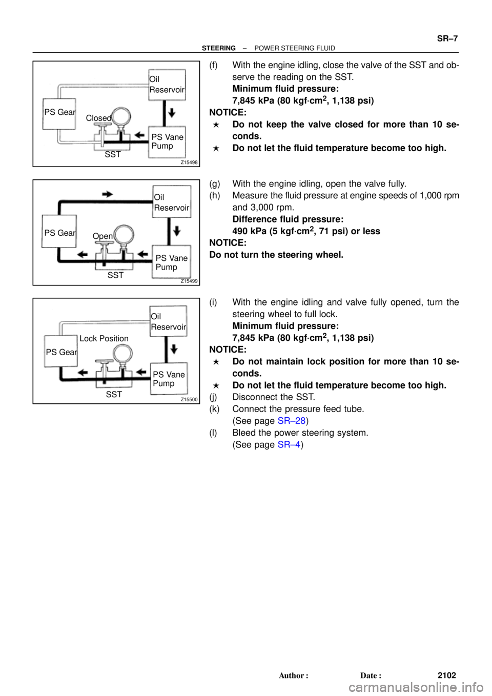 TOYOTA CAMRY 1999  Service Repair Manual Z15498
Oil
PS Gear
Closed
SSTPS Vane
Pump Reservoir
Z15499
Oil
PS Gear
SSTPS Vane
Pump Reservoir
Open
Z15500
Oil
PS Gear
SSTPS Vane
Pump Reservoir
Lock Position
± STEERINGPOWER STEERING FLUID
SR±7
2