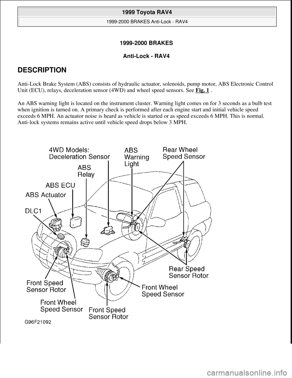 TOYOTA RAV4 1996  Service Repair Manual 1999-2000 BRAKES
Anti-Lock - RAV4 
DESCRIPTION 
Anti-Lock Brake System (ABS) consists of hydraulic actuator, solenoids, pump motor, ABS Electronic Control 
Unit (ECU), relays, deceleration sensor (4WD