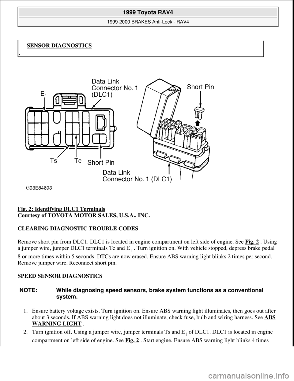 TOYOTA RAV4 1996  Service Repair Manual Fig. 2: Identifying DLC1 Terminals 
Courtesy of TOYOTA MOTOR SALES, U.S.A., INC. 
CLEARING DIAGNOSTIC TROUBLE CODES 
Remove short pin from DLC1. DLC1 is located in engine compartment on left side of e