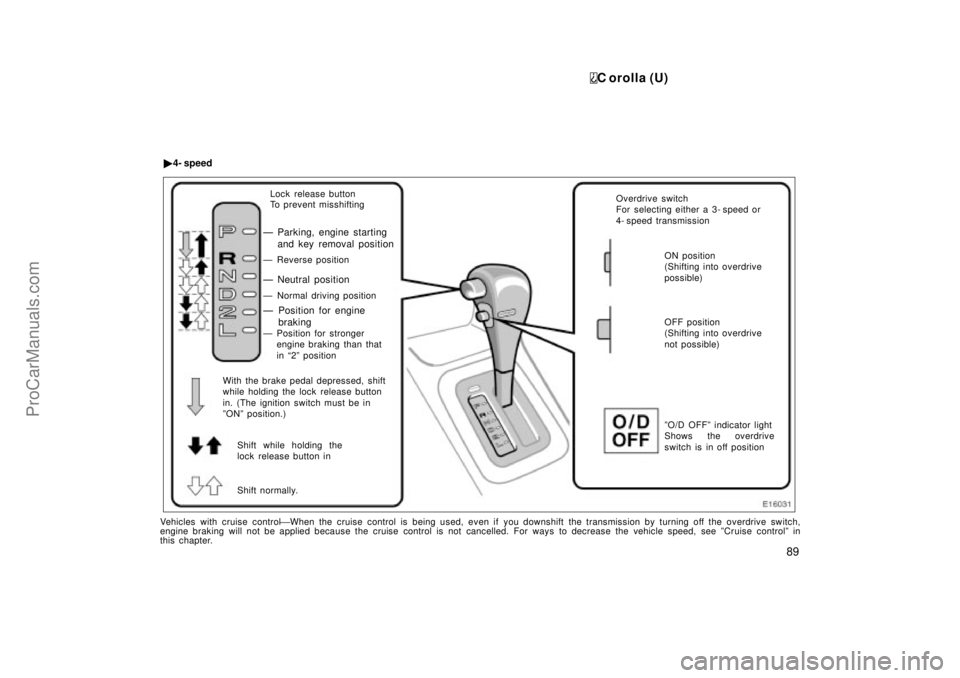 TOYOTA COROLLA 1999  Owners Manual C orolla (U)
89
Lock release button
To prevent misshifting
Ð Reverse position
Ð Neutral position
Ð Normal driving position
Ð Position for stronger
engine braking than that 
in 2º position
Shift 