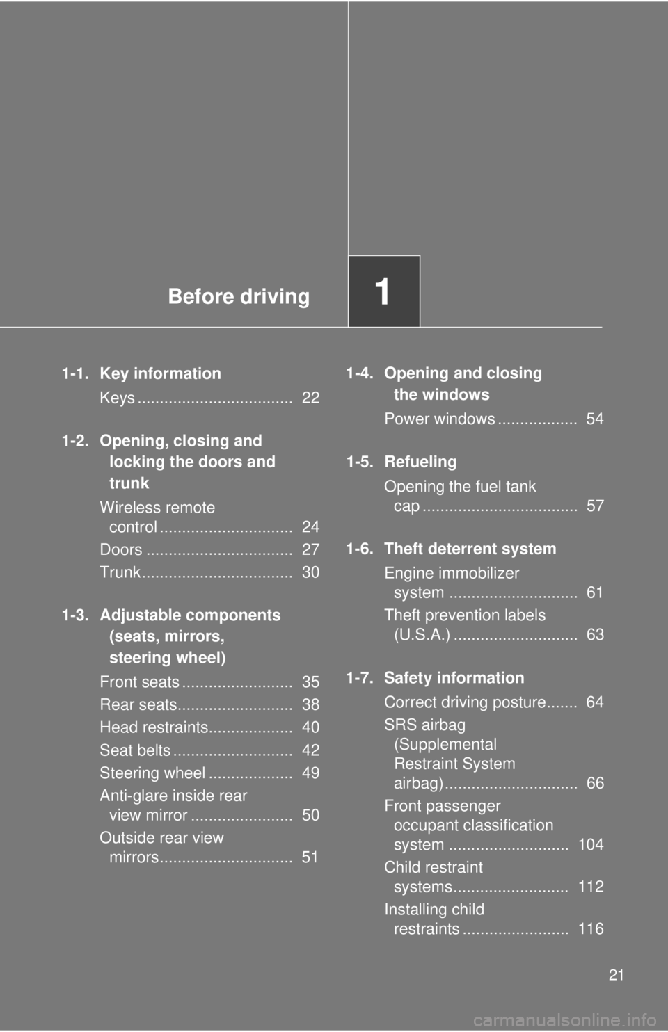 TOYOTA 86 2017  Owners Manual Before driving
1
211-1. Key information
Keys ...................................  22
1-2. Opening, closing and 
locking the doors and 
trunk
Wireless remote 
control ..............................  24