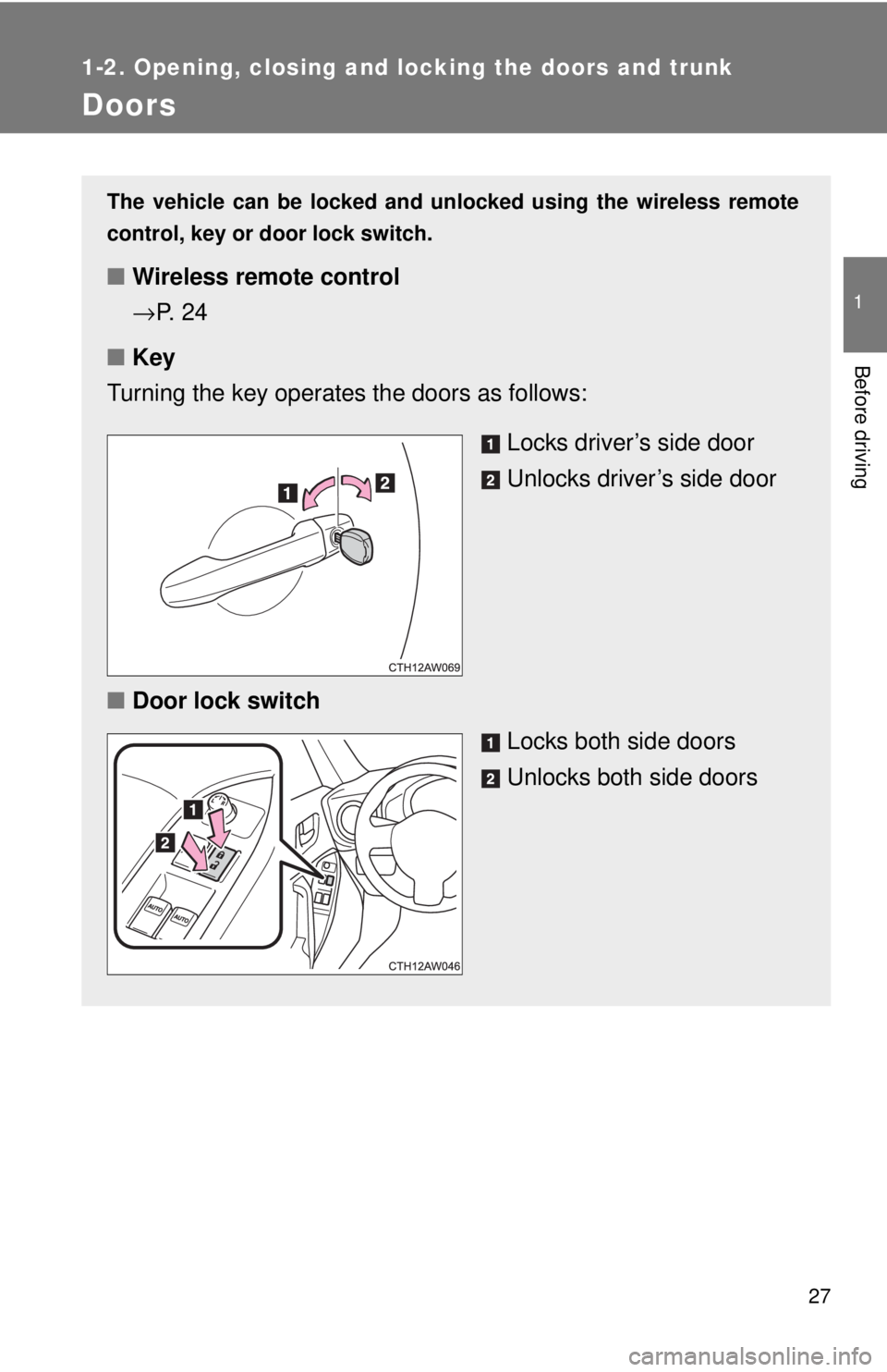 TOYOTA 86 2017  Owners Manual 27 11-2. Opening, closing and locking the doors and trunk
Before driving
Doors The vehicle can be locked and unlocked using the wireless remote
control, key or door lock switch.
■ Wireless remote co