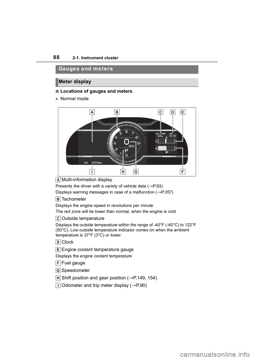 TOYOTA 86 2022  Owners Manual 882-1. Instrument cluster
■Locations of gauges and meters
Normal modeMulti-information display
Presents the driver with a  variety of vehicle data (P.93)
Displays warning messages  in case of 