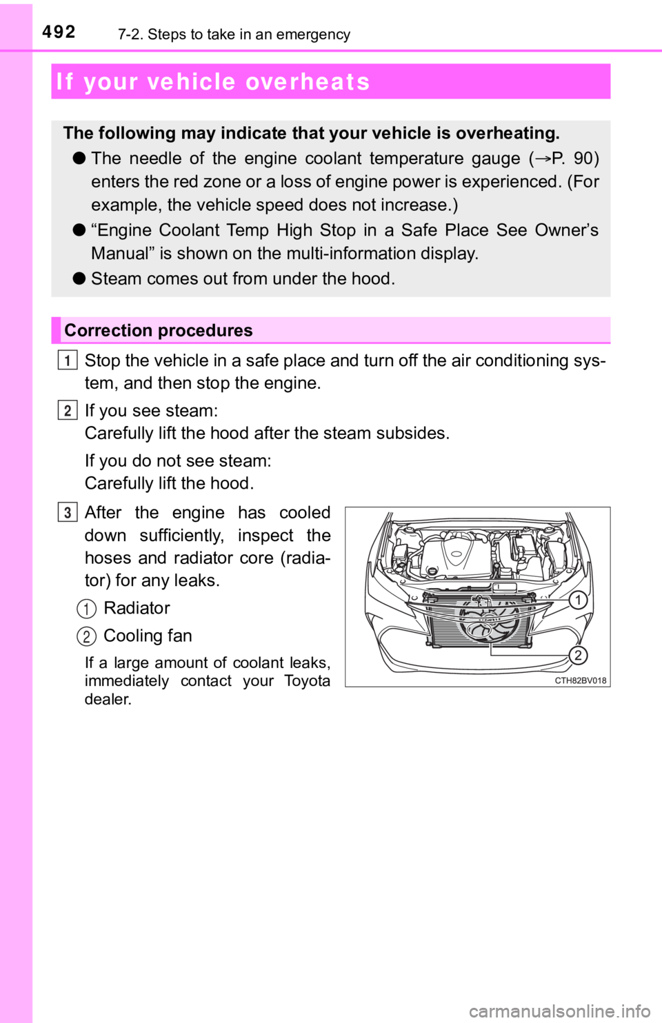 TOYOTA AVALON 2022  Owners Manual 4927-2. Steps to take in an emergency
Stop the vehicle in a safe place and turn off the air conditioning sys-
tem, and then stop the engine.
If you see steam: 
Carefully lift the hood after the steam 