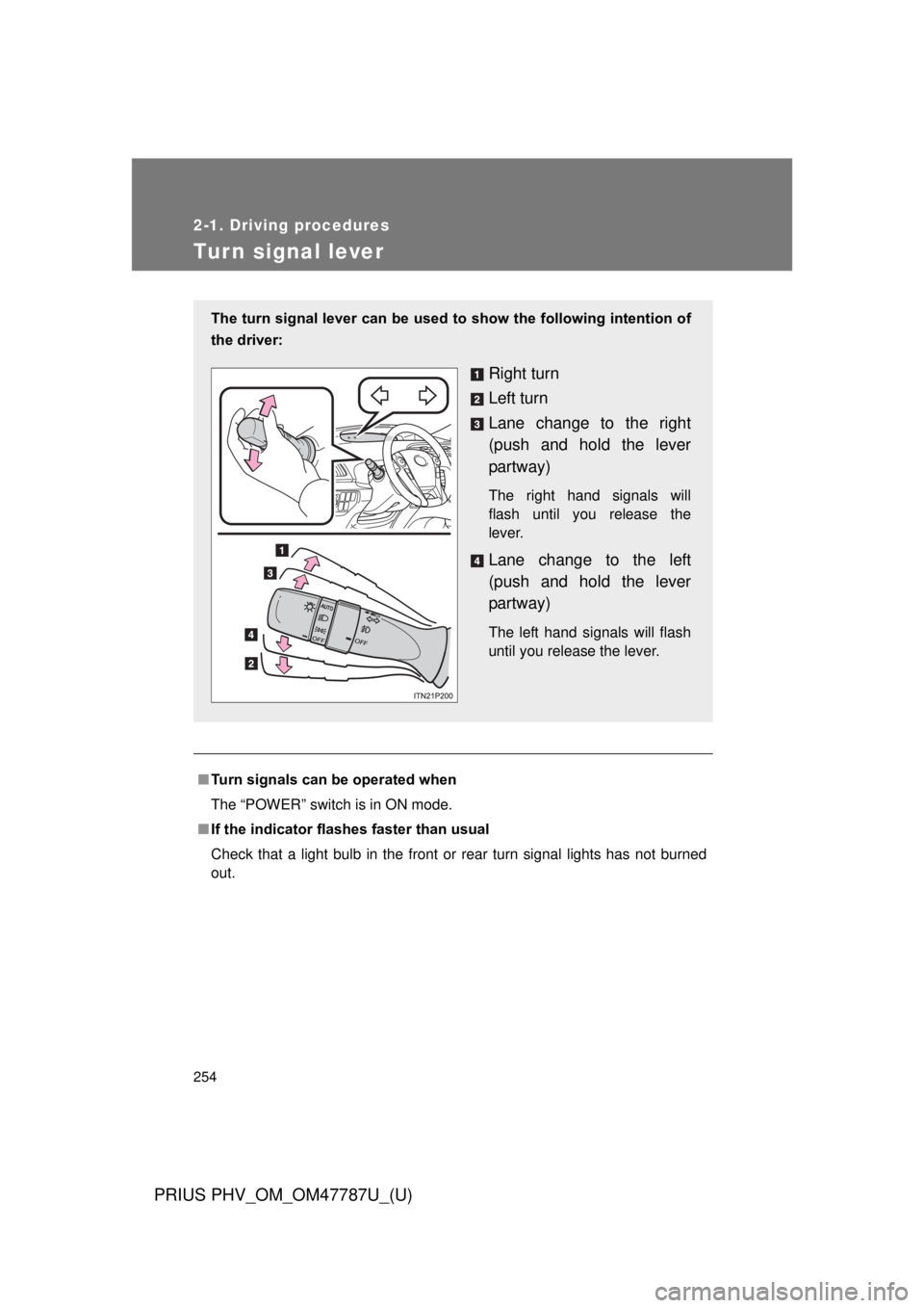 TOYOTA PRIUS PHV 2013  Owners Manual 254
2-1. Driving procedures
PRIUS PHV_OM_OM47787U_(U)
Tur n signal lever
■Turn signals can be operated when
The “POWER” switch is in ON mode.
■ If the indicator flashes faster than usual
Check