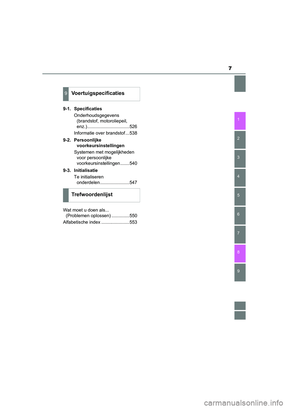 TOYOTA AURIS HYBRID 2015  Instructieboekje (in Dutch) 7
1
9 8
7 5 4
3
2
UK AURIS_HV_HB_EE (OM12J68E)
6
9-1. SpecificatiesOnderhoudsgegevens (brandstof, motoroliepeil, 
enz.).................................526
Informatie over brandstof ...538
9-2. Persoo