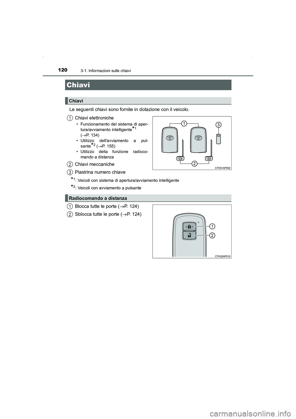 TOYOTA AURIS HYBRID 2016  Manuale duso (in Italian) 120
UK_AURIS_HV_HB_EL (OM12K51L)
3-1. Informazioni sulle chiavi
Le seguenti chiavi sono fornite in dotazione con il veicolo.
Chiavi elettroniche
• Funzionamento del sistema di aper-
tura/avviamento 