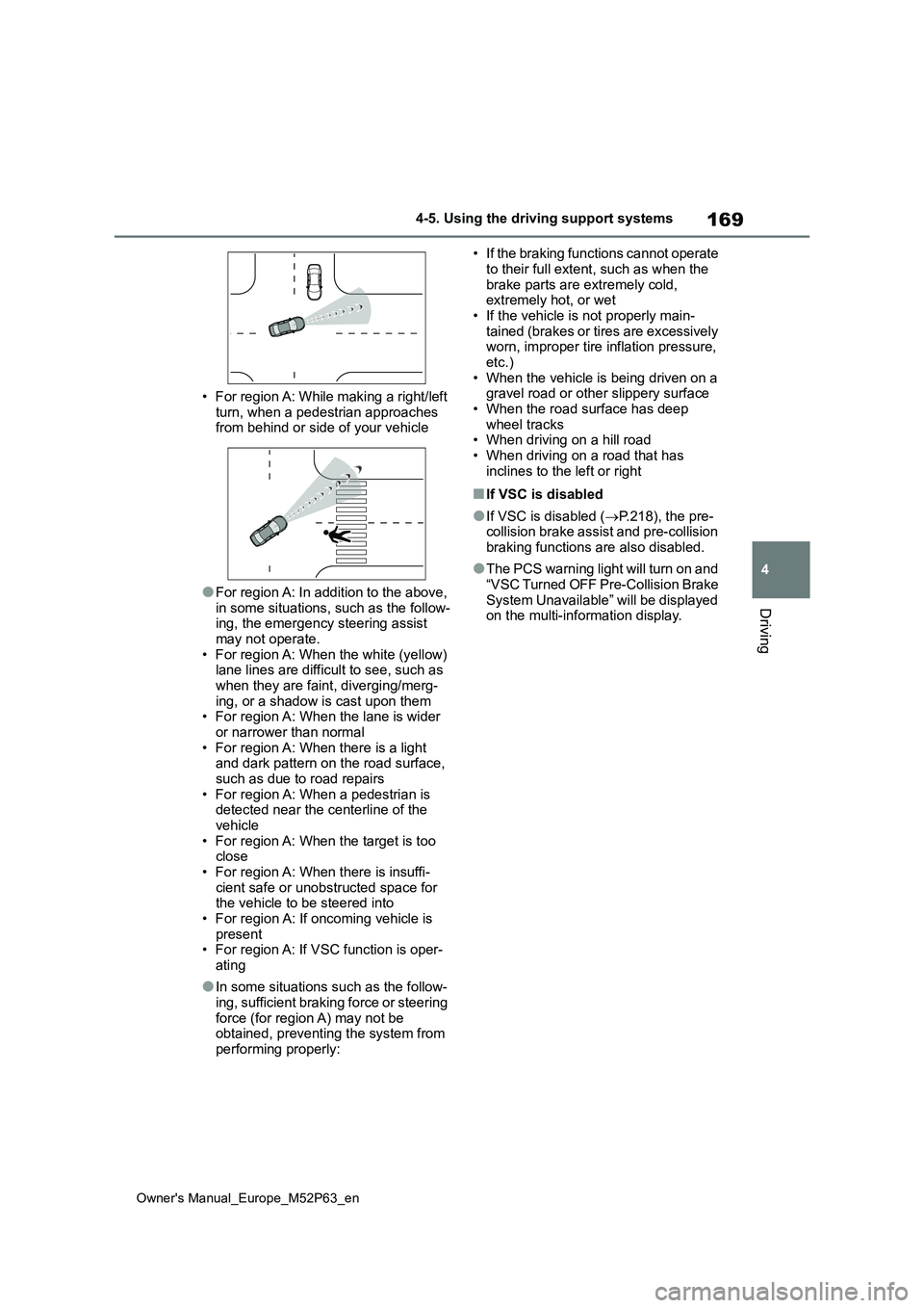 TOYOTA GR YARIS 2023  Owners Manual 169
4
Owner's Manual_Europe_M52P63_en
4-5. Using the driving support systems
Driving
• For region A: While making a right/left  
turn, when a pedestrian approaches  from behind or side of your v