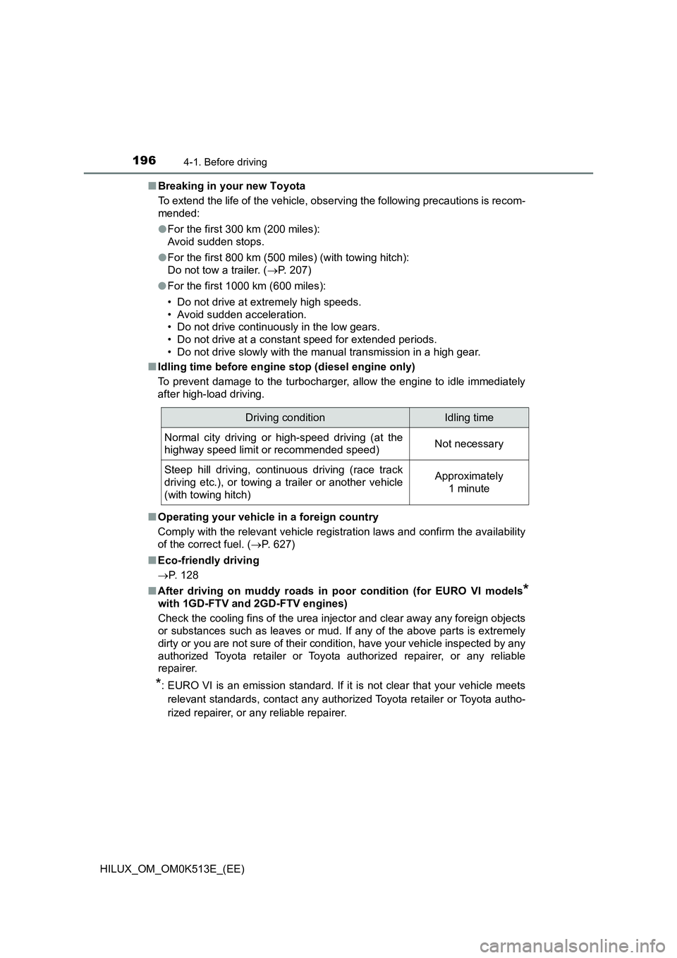 TOYOTA HILUX 2022  Owners Manual 1964-1. Before driving
HILUX_OM_OM0K513E_(EE) 
�Q Breaking in your new Toyota 
To extend the life of the vehicle, observing the following precautions is recom- 
mended: 
�O For the first 300 km (200 m