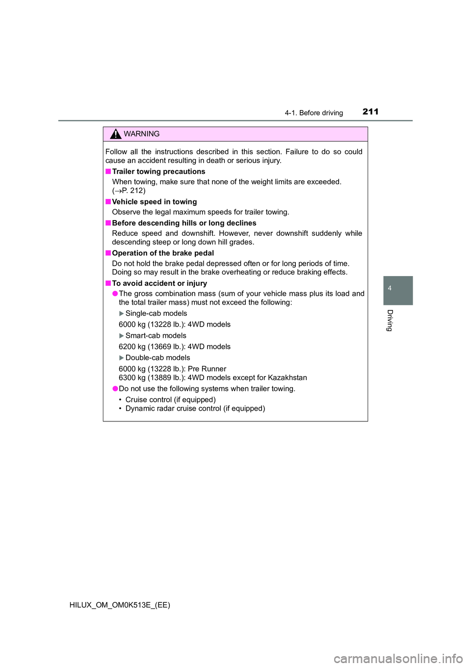 TOYOTA HILUX 2022  Owners Manual 2114-1. Before driving
4
Driving
HILUX_OM_OM0K513E_(EE)
WARNING
Follow all the instructions described in this section. Failure to do so could 
cause an accident resulting in death or serious injury. 
