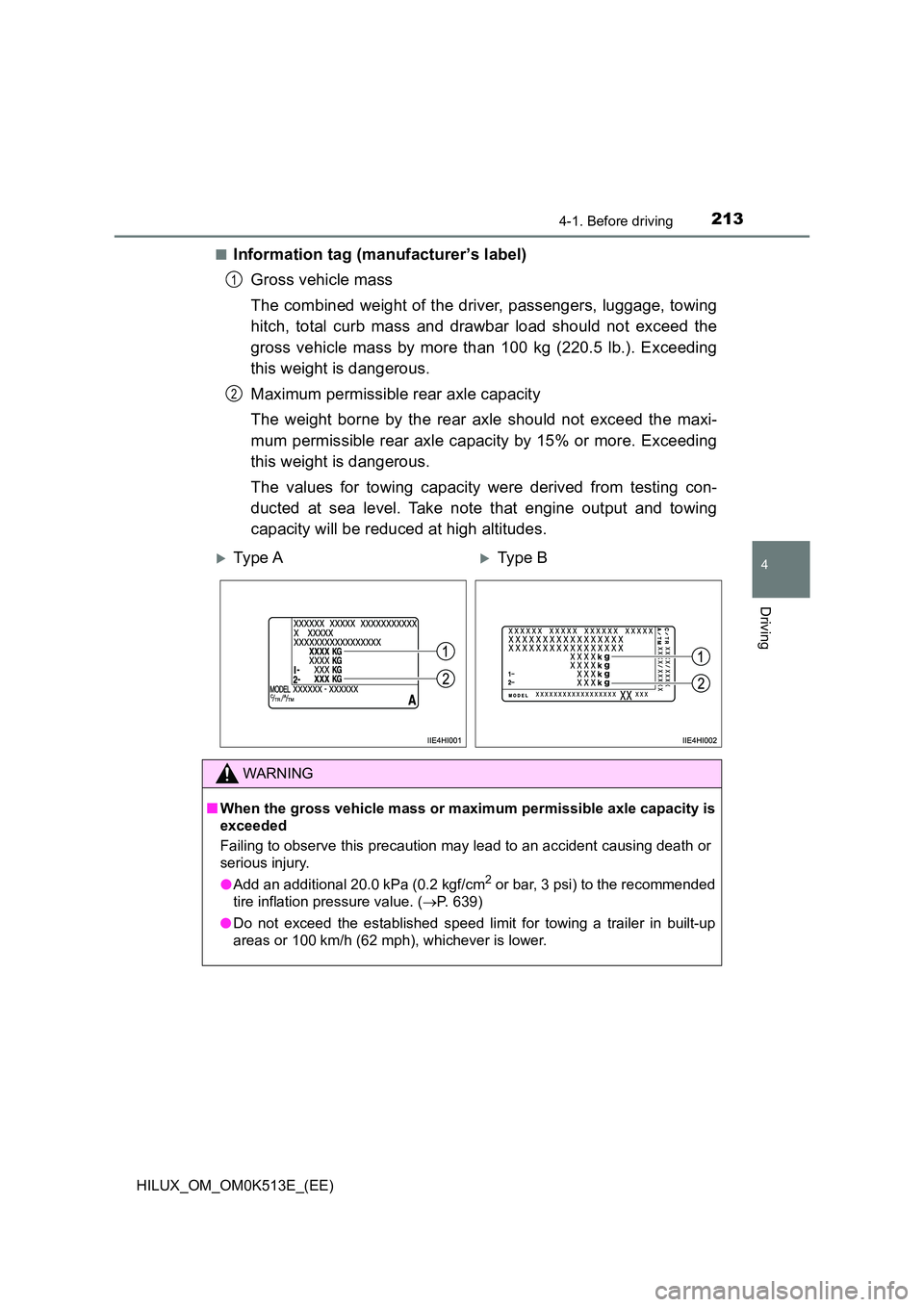 TOYOTA HILUX 2022  Owners Manual 2134-1. Before driving
4
Driving
HILUX_OM_OM0K513E_(EE) 
�QInformation tag (manufacturer’s label) 
Gross vehicle mass 
The combined weight of the driver, passengers, luggage, towing 
hitch, total cu