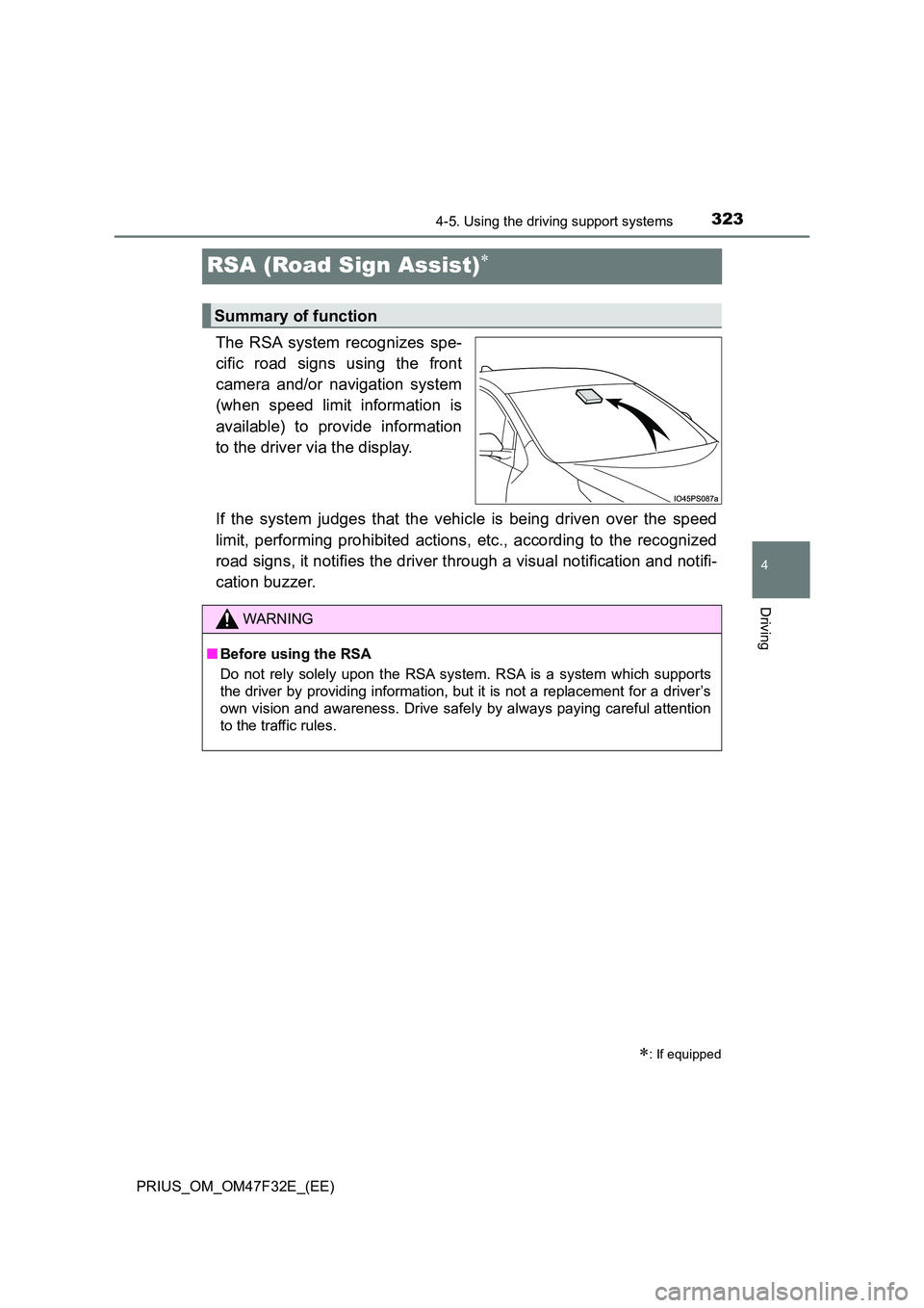 TOYOTA PRIUS 2023  Owners Manual 323
4
4-5. Using the driving support systems
Driving
PRIUS_OM_OM47F32E_(EE)
RSA (Road Sign Assist)
The RSA system recognizes spe- 
cific road signs using the front 
camera and/or navigation system 