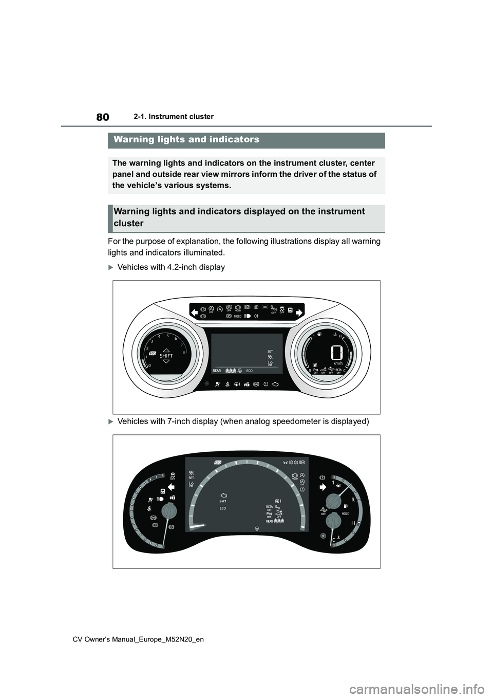 TOYOTA YARIS CROSS 2022  Owners Manual 80
CV Owner's Manual_Europe_M52N20_en
2-1. Instrument cluster
2-1.In strument clu ste r
For the purpose of explanation, the following illustrations display all warning  
lights and indicators illu