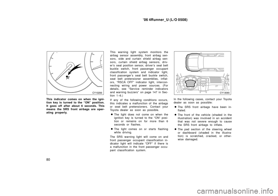 TOYOTA 4RUNNER 2006 N210 / 4.G Owners Manual ’06 4Runner_U (L/O 0508)
80
This indicator comes on when the igni-
tion key is turned to the “ON” position.
It goes off after about 6 seconds. This
means the SRS front airbags are oper-
ating pr