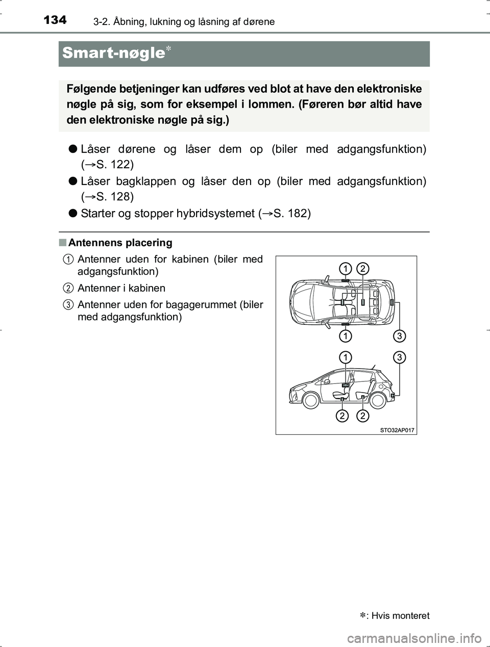TOYOTA YARIS HYBRID 2017  Brugsanvisning (in Danish) 1343-2. Åbning, lukning og låsning af dørene
OM52J30DK
Smart-nøgle
lLåser dørene og låser dem op (biler med adgangsfunktion)
( S. 122)
l Låser bagklappen og låser den op (biler med adga