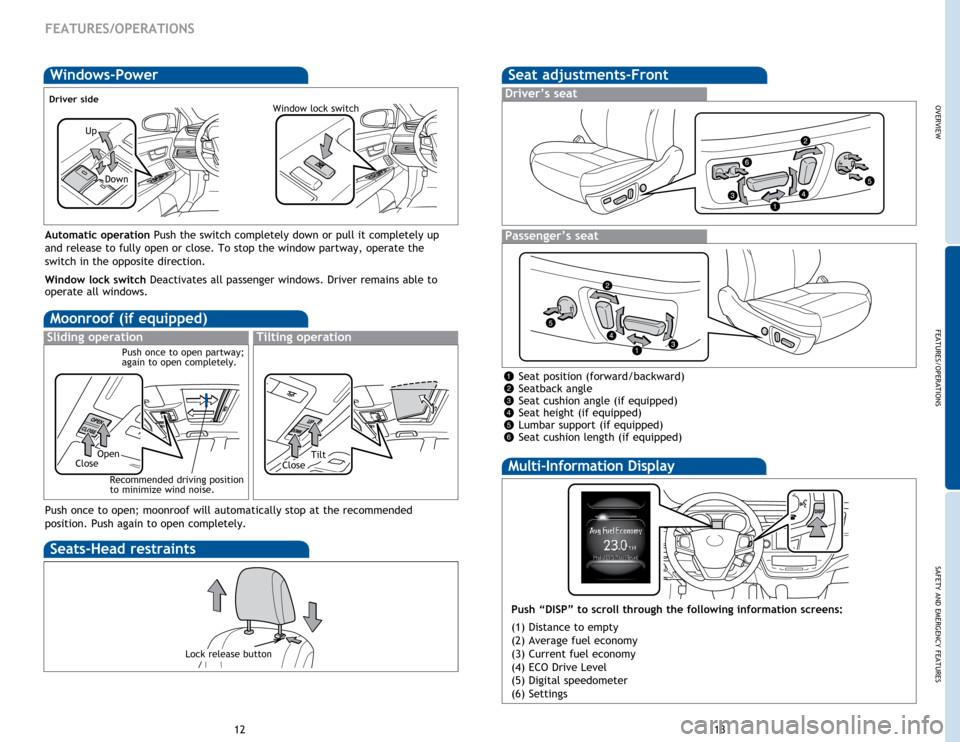 TOYOTA AVALON 2015 XX40 / 4.G Quick Reference Guide OVERVIEW
FEATURES/OPERATIONS
SAFETY AND EMERGENCY FEATURES
1213
FEATURES/OPERATIONS
Moonroof (if equipped)
Sliding operationTilting operation
OpenTiltCloseClose
Recommended driving position 
to minimi