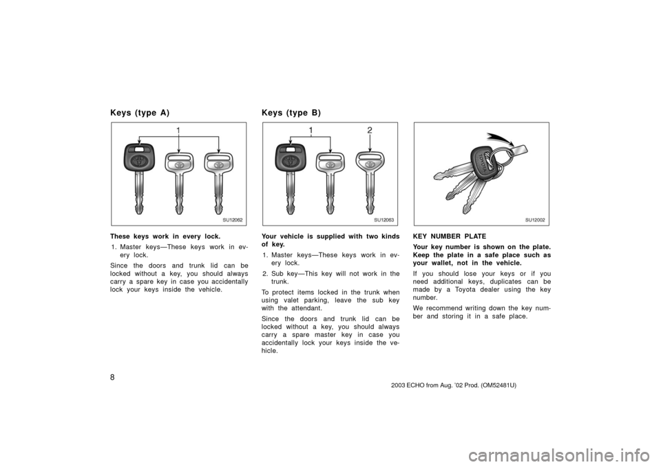 TOYOTA ECHO 2003 1.G Owners Manual 8
Keys (type A)
SU12062
These keys work in every lock.1. Master keys—These keys work in ev- ery lock.
Since the doors and trunk  lid  can be
locked without a key, you should always
carry a spare key