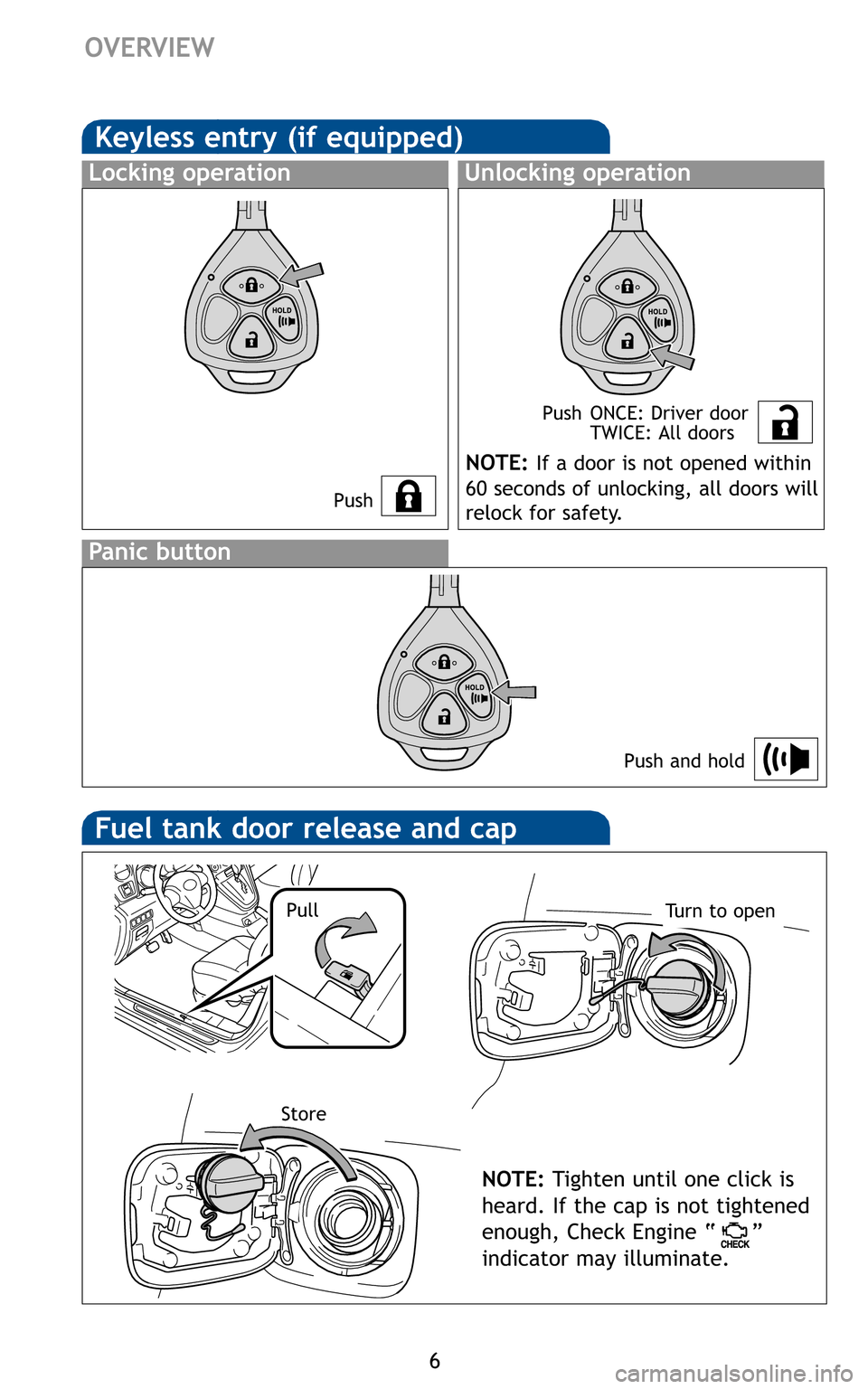 TOYOTA MATRIX 2011 E140 / 2.G Quick Reference Guide 6
OVERVIEW

Push Push ONCE: Driver door 
TWICE: All doors


Push and hold
NOTE:If a door is not opened within 
60 seconds of unlocking, all doors will 
relock for safety.

NOTE: Tighten until one clic