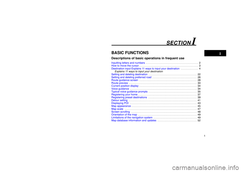 TOYOTA PRIUS 2002 1.G Navigation Manual 1
BASIC FUNCTIONS
Descriptions of basic operations in frequent use
Inputting letters and numbers2
. . . . . . . . . . . . . . . . . . . . . . . . . . . . . . . . . . . . .\
 . . . 
How to move the cur