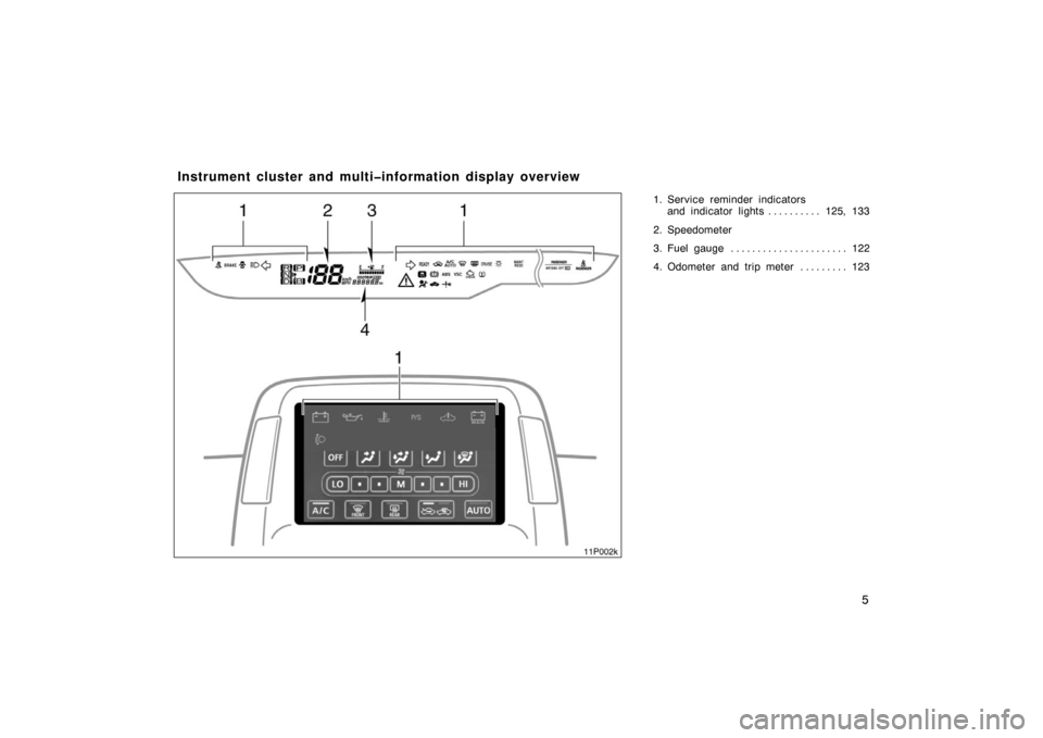 TOYOTA PRIUS 2007 2.G Owners Manual 5
1. Service reminder indicators and indicator lights 125, 133 . . . . . . . . . . 
2. Speedometer
3. Fuel gauge 122 . . . . . . . . . . . . . . . . . . . . . . 
4. Odometer and trip meter 123 . . . .