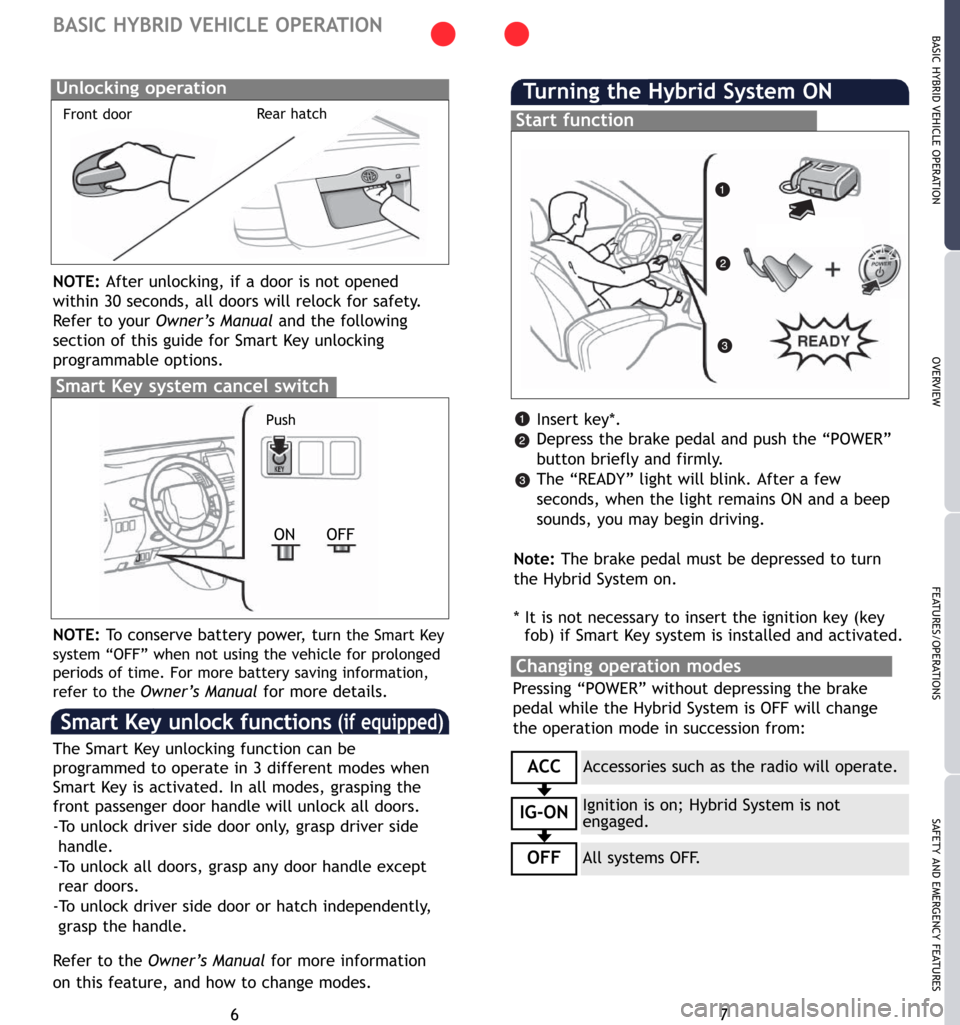 TOYOTA PRIUS 2007 2.G Quick Reference Guide BASIC HYBRID VEHICLE OPERATION
7
OVERVIEW
FEATURES/OPERATIONS
SAFETY AND EMERGENCY FEATURES
6
BASIC HYBRID VEHICLE OPERATION
Insert key*.
Depress the brake pedal and push the “POWER”
button briefl