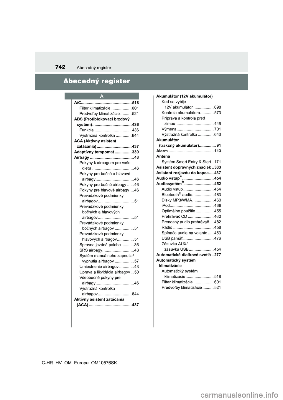 TOYOTA C-HR 2018  Návod na použitie (in Slovakian) 742Abecedný register
C-HR_HV_OM_Europe_OM10576SK
Abecedný register
A/C............................................. 518
Filter klimatizácie .................. 601
Predvoľby klimatizácie .........