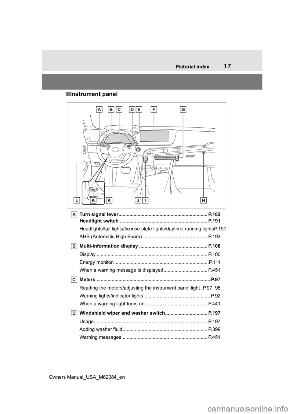TOYOTA MIRAI 2022  Owners Manual 17Pictorial index
Owners Manual_USA_M62084_en
■ Instrument panel
Turn signal lever.............................................. ................... P.182
Headlight switch ..........................