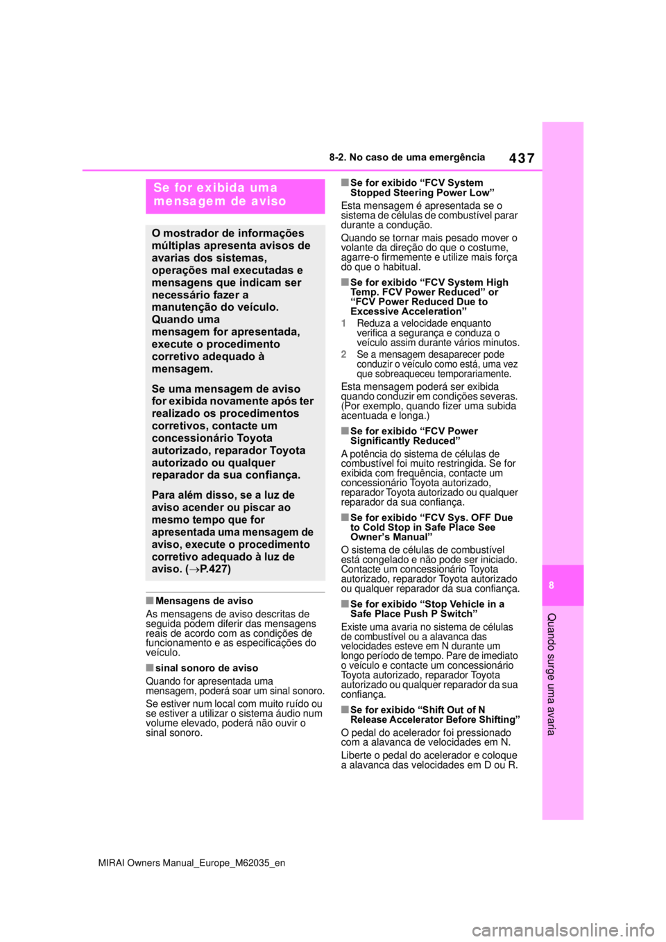 TOYOTA MIRAI 2020  Manual de utilização (in Portuguese) 437
8
MIRAI Owners Manual_Europe_M62035_en
8-2. No caso de uma emergência
Quando surge uma avariaMensagens de aviso
As mensagens de aviso descritas de 
seguida podem diferir das mensagens 
reais d