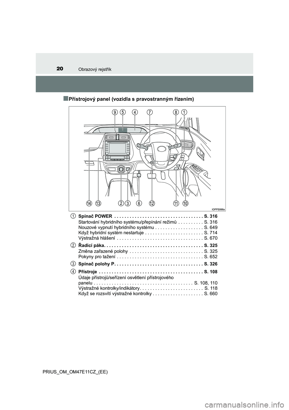 TOYOTA PRIUS 2020  Návod na použití (in Czech) 20Obrazový rejstřík
PRIUS_OM_OM47E11CZ_(EE)
■Přístrojový panel (vozidla s pravostranným řízením)
Spínač POWER  . . . . . . . . . . . . . . . . . . . . . . . . . . . . . . . . . . . S. 31