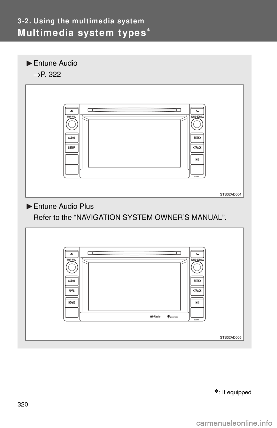 TOYOTA SEQUOIA 2014 2.G Owners Manual 320
3-2. Using the multimedia system
Multimedia system types
: If equipped
Entune Audio
P. 322
Entune Audio Plus
Refer to the “NAVIGATION SYSTEM OWNER’S MANUAL”. 