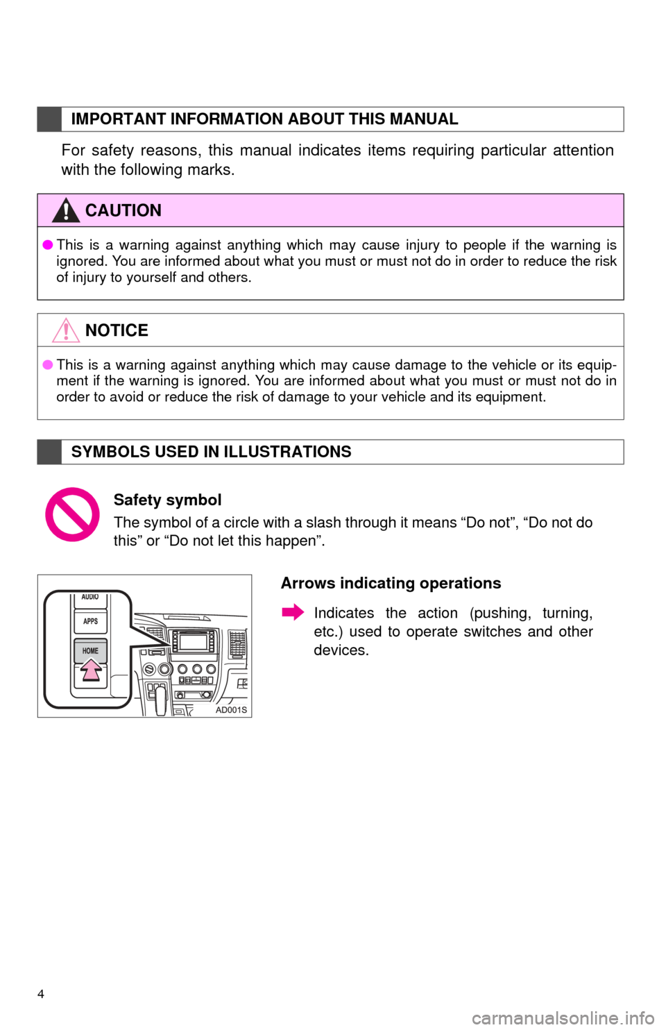 TOYOTA SEQUOIA 2015 2.G Navigation Manual 4
For safety reasons, this manual indicates items requiring particular attention
with the following marks.
IMPORTANT INFORMATION ABOUT THIS MANUAL
CAUTION
●This is a warning against anything which m