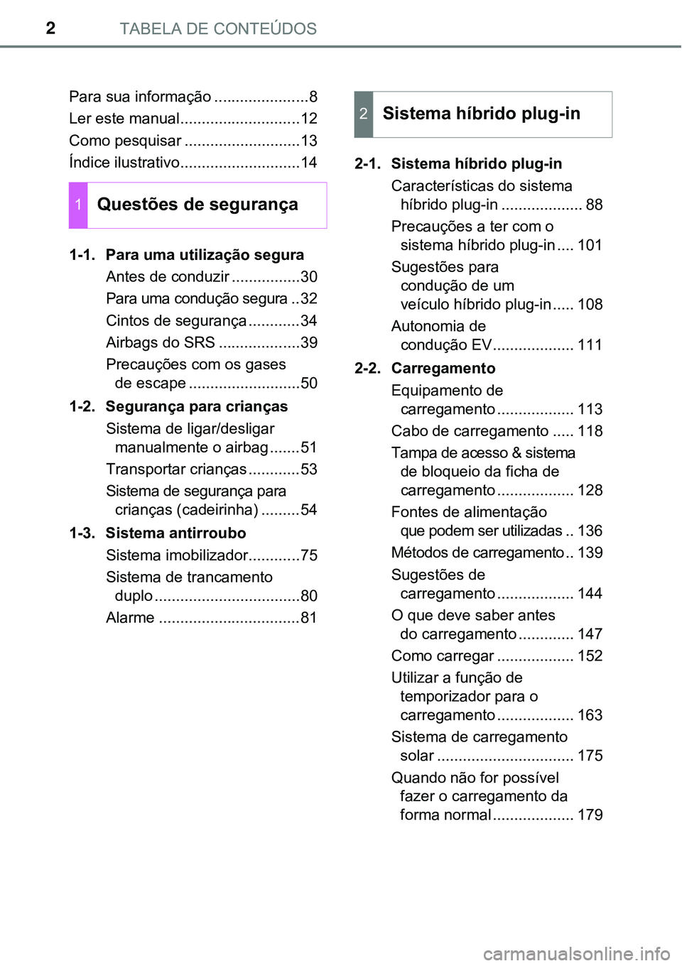 TOYOTA PRIUS PLUG-IN HYBRID 2017  Manual de utilização (in Portuguese) TABELA DE CONTEÚDOS2
Para sua informação ......................8
Ler este manual............................12
Como pesquisar ...........................13
Índice ilustrativo......................