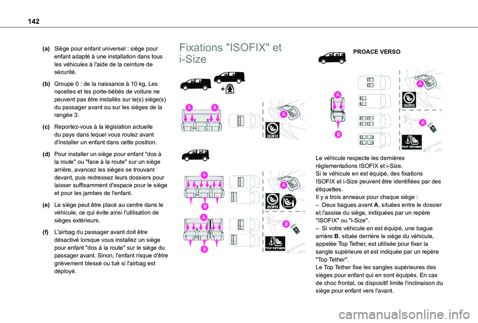 TOYOTA PROACE VERSO EV 2020  Manuel du propriétaire (in French) 142
(a)Siège pour enfant universel : siège pour enfant adapté à une installation dans tous les véhicules à l'aide de la ceinture de sécurité.
(b)Groupe 0 : de la naissance à 10 kg. Les na