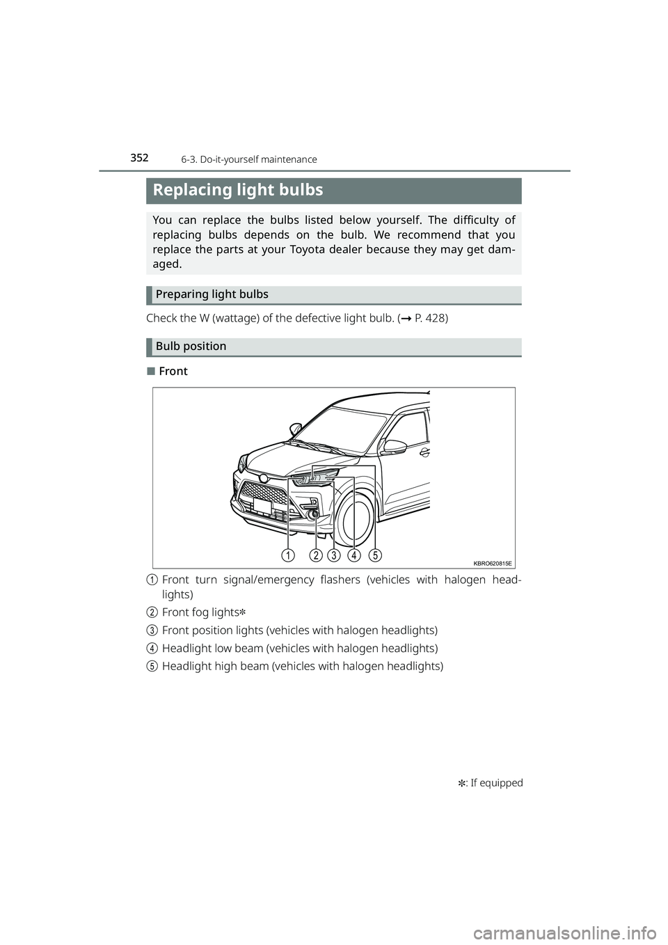 TOYOTA RAIZE 2023  Owners Manual 3526-3. Do-it-yourself maintenance
RAIZE_OM_General_BZ358E✽
: If equipped
Replacing light bulbs
You can replace the bulbs listed below yourself. The difficulty of
replacing bulbs depends on the bulb