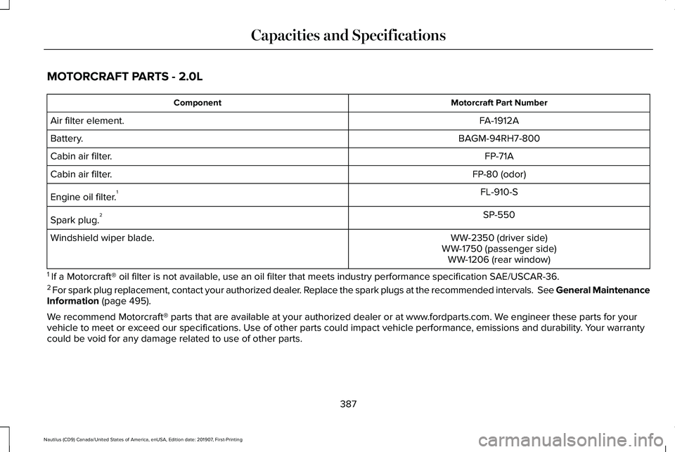 LINCOLN NAUTILUS 2020  Owners Manual MOTORCRAFT PARTS - 2.0L
Motorcraft Part Number
Component
FA-1912A
Air filter element.
BAGM-94RH7-800
Battery.
FP-71A
Cabin air filter.
FP-80 (odor)
Cabin air filter.
FL-910-S
Engine oil filter. 1
SP-5