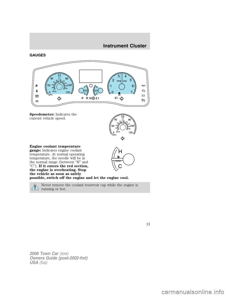 LINCOLN TOWN CAR 2006 User Guide GAUGES
Speedometer:Indicates the
current vehicle speed.
Engine coolant temperature
gauge:Indicates engine coolant
temperature. At normal operating
temperature, the needle will be in
the normal range (