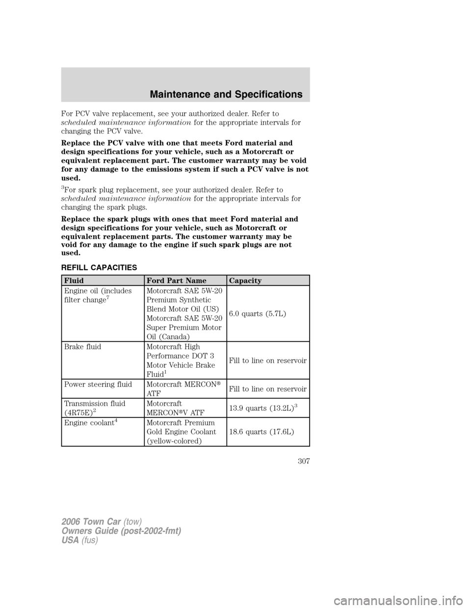 LINCOLN TOWN CAR 2006  Owners Manual For PCV valve replacement, see your authorized dealer. Refer to
scheduled maintenance informationfor the appropriate intervals for
changing the PCV valve.
Replace the PCV valve with one that meets For