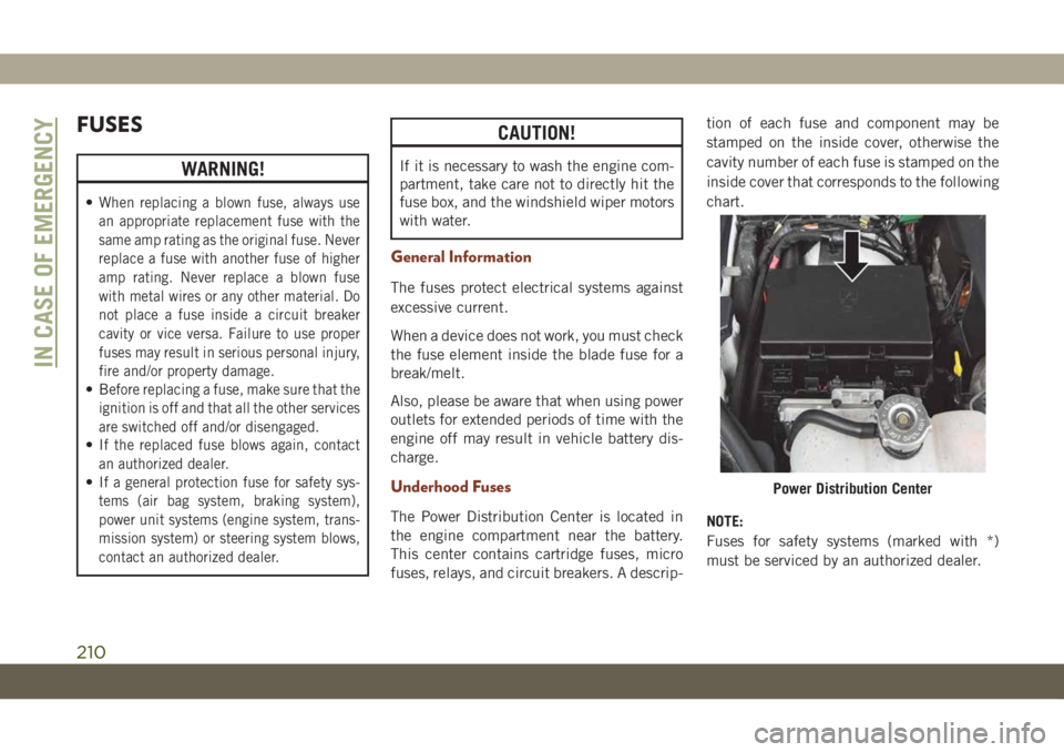 JEEP GRAND CHEROKEE 2021  Owner handbook (in English) FUSES
WARNING!
•When replacing a blown fuse, always use
an appropriate replacement fuse with the
same amp rating as the original fuse. Never
replace a fuse with another fuse of higher
amp rating. Ne